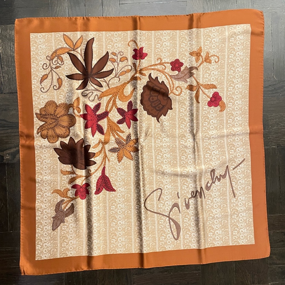 Vintage Givenchy Silk Scarf Floral with autumn colors 33”